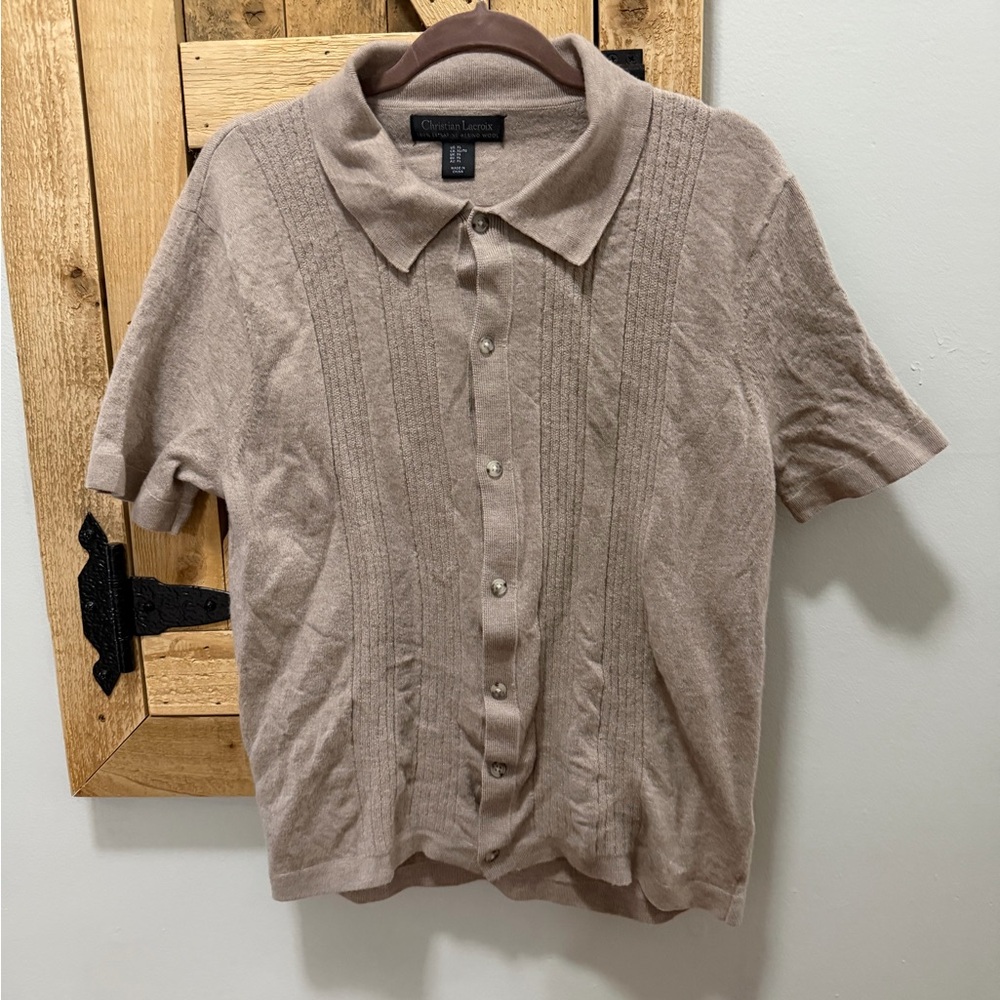 Christian Lacroix 100% Wool Light Brown Button Front Knit Polo Size xl